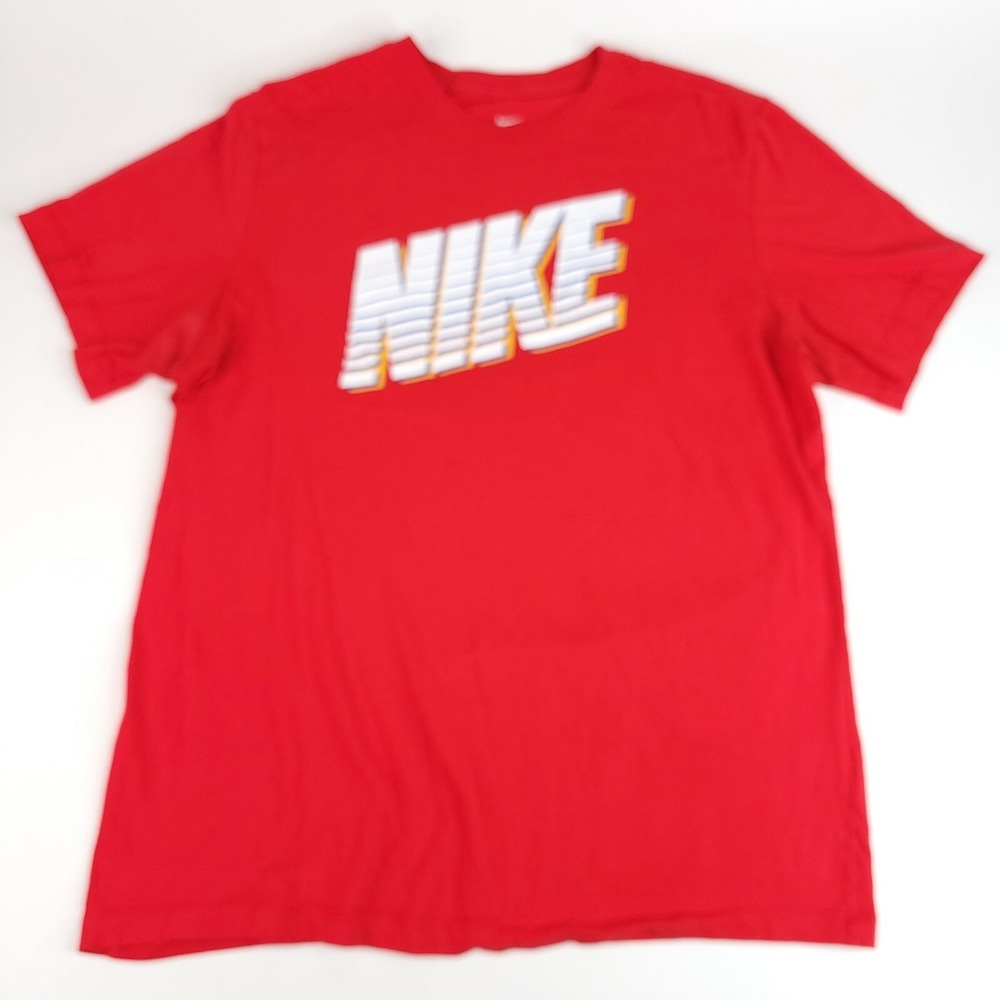 Nike Shirt Mens Large T Shirt Red with Large White Yellow Spell Out Short Sleeve